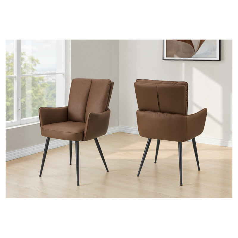 Chaise de salle à manger, hauteur 36 po, ensemble de 2, rembourrée, latérale, salle à manger, cuisine, aspect cuir brun, métal noir, contemporain, moderne