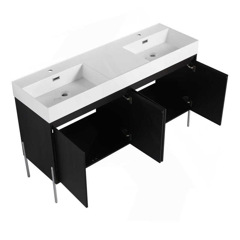 Meuble-lavabo autoportant de 60 po avec double lavabo en résine, armoire de rangement avec portes à fermeture douce, 59"