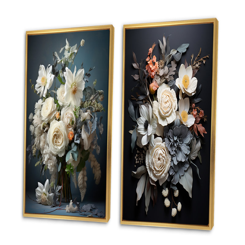 «White Blue Seasonal Flowers Seasonal Elegance», 2 pièces, Encadrement doré, H 40 po x l 40 po