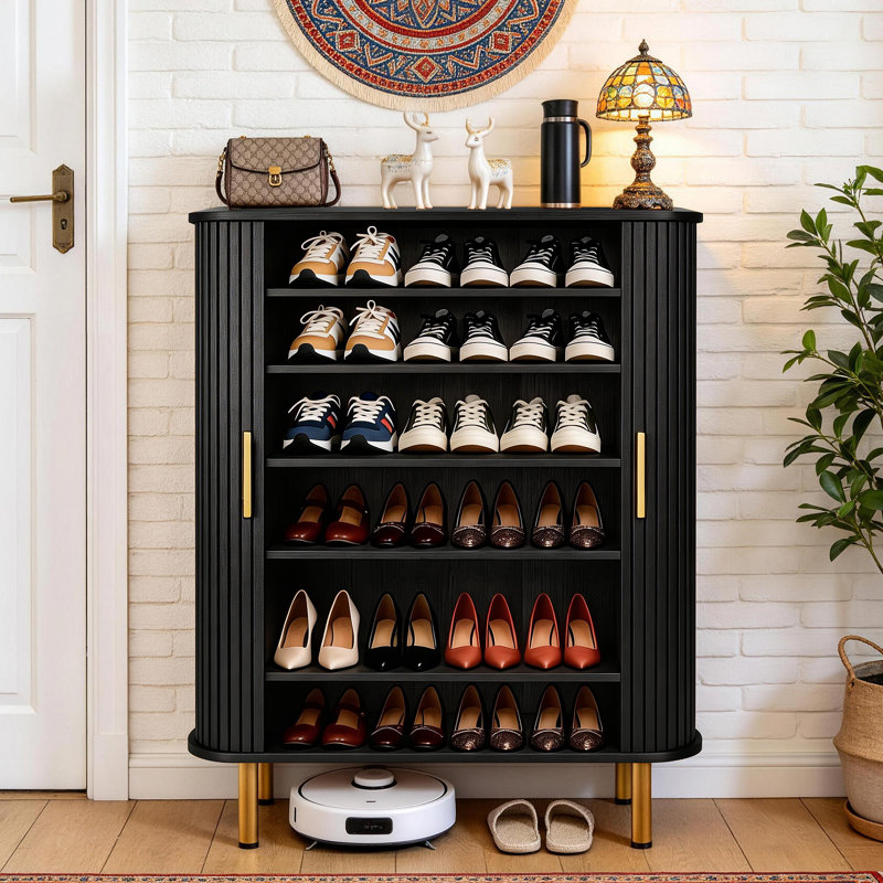 24 Pair Shoe Storage Cabinet, 31.5 Inch 6-Tier Shoe Cabinet with Adjustable Shelves & Sliding Doors, Mid-Century Modern Freestanding Shoe Storage Organizer for Entryway, Hallway, Living Room