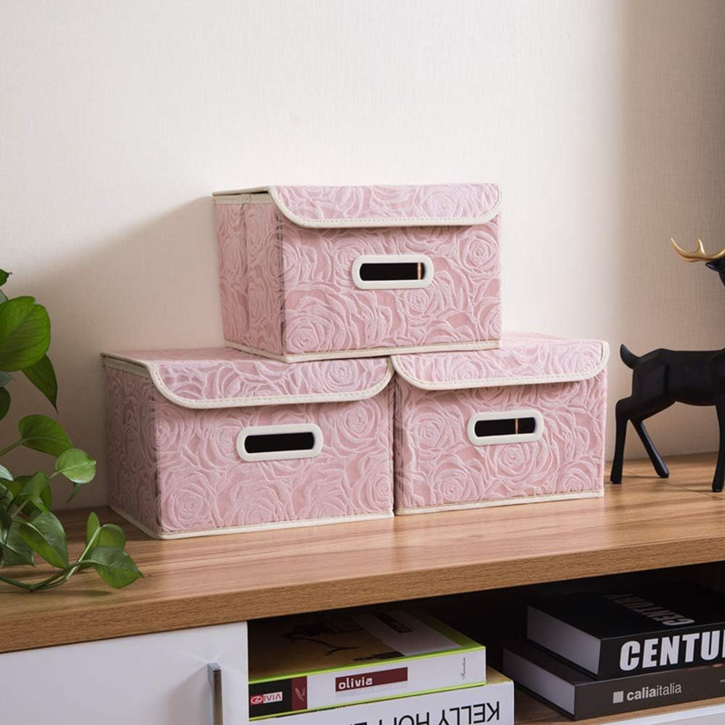 Stackable Storage Boxes With Lids [5-Pack] Fabric Decorative Storage Bins Cubes Organizer Containers Baskets With Cover Handles Divider For Bedroom Closet Living Room