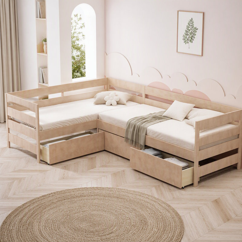 Lit plateforme simple en forme de L avec trois tiroirs de rangement, naturel