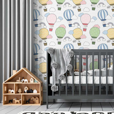 Grid Ballons And Bunnies 96" L X 24" W Peel And Stick Wallpaper N05107