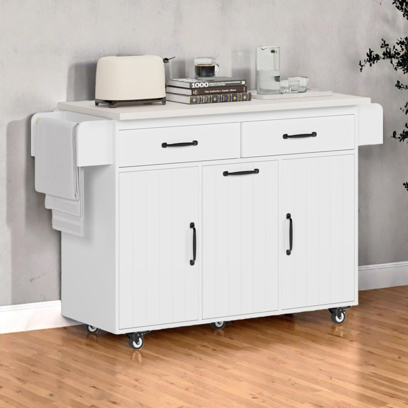 Îlot de cuisine avec armoire de rangement, poubelle, support à épices et tiroir, Blanc