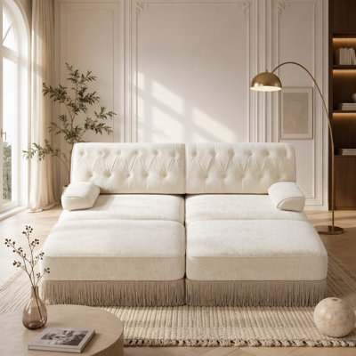 Canapé de style avec 2 repose-pieds, tissu en velours respirant, jupe à pampille, accoudoirs carrés légèrement courbés, base en bois de qualité supérieure, assemblage facile pour le salon