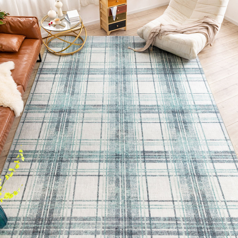 Tapis treillis moderne NELE bleu / ivoire lavable à la machine, Rectangle 5 pi x 7 pi