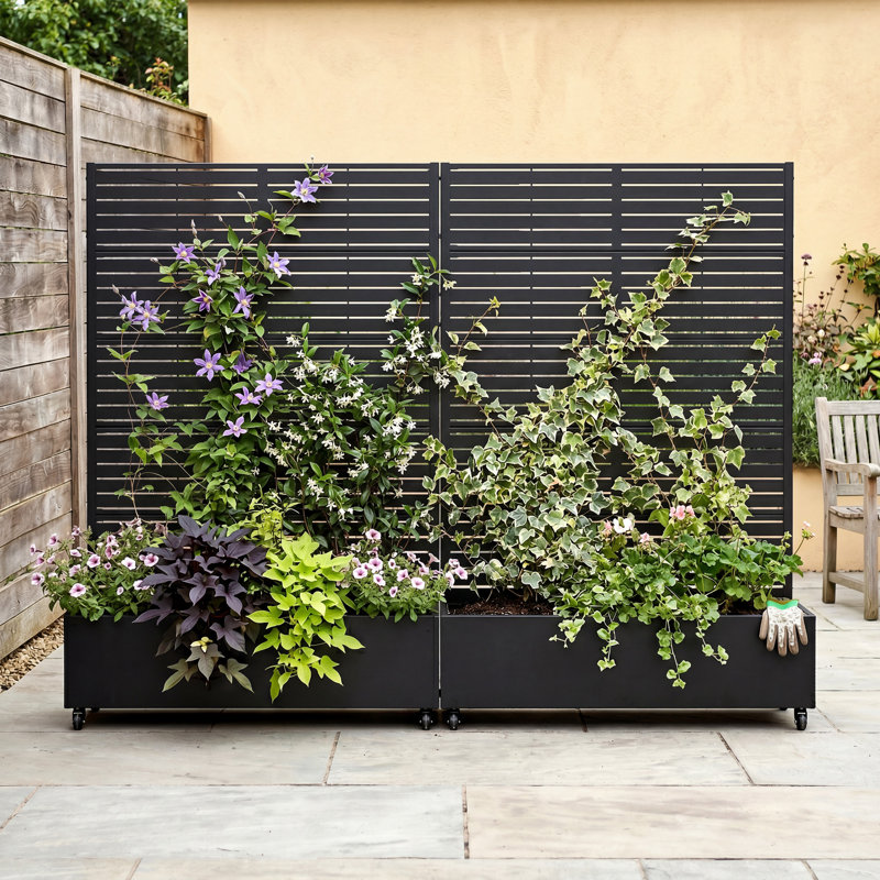Outdoor Metal Planter Box Raised Garden Beds with Trellis, 73" H x 47" W x 16" D, Black