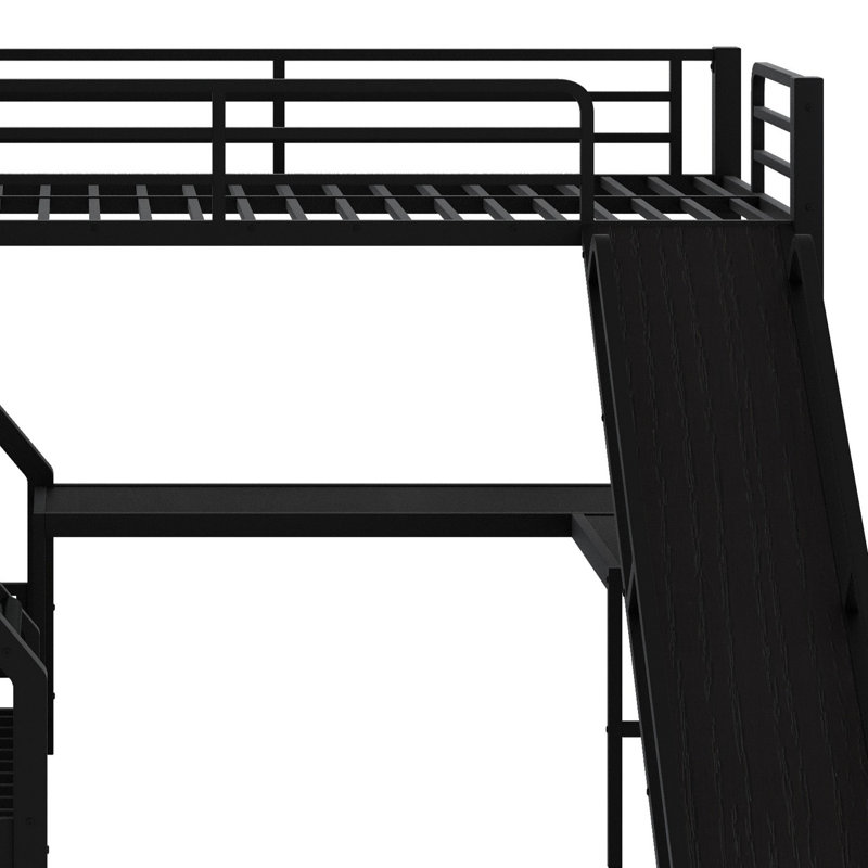 L-Shaped Bunk Bed With Loft Bed, Metal Triple Bunk Bed With Slide And USB Ports, Twin XL over Queen