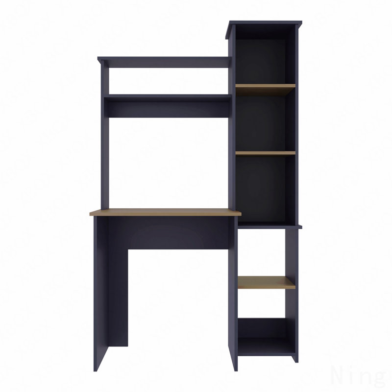 Bureau d'écriture, bureau moderne bleu marine avec deux tablettes supérieures et cinq casiers ouverts, Marine