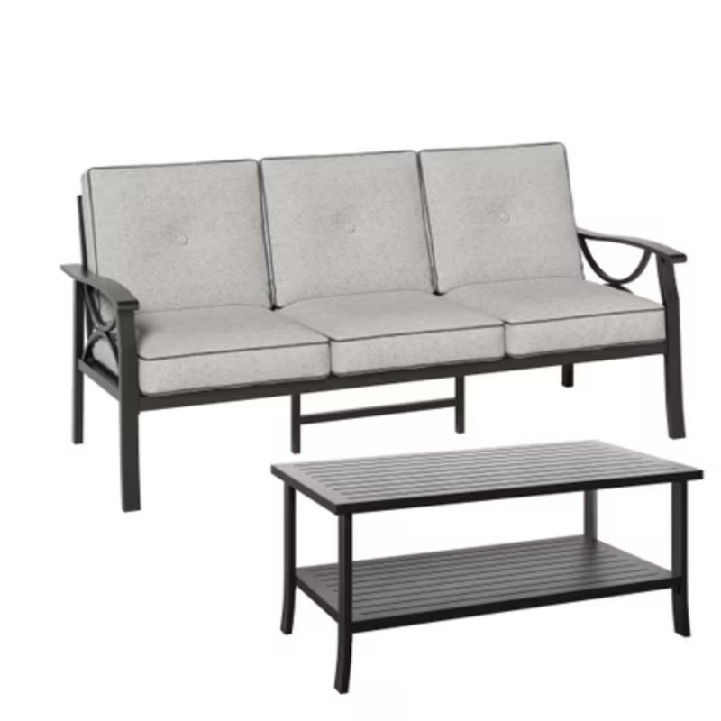 2 Piece Outdoor Patio Set, 70” All-Weather Metal 3-Seat Metal Patio Sofa And Rectangular Coffee Table , Black Frame With Gray Cushions
