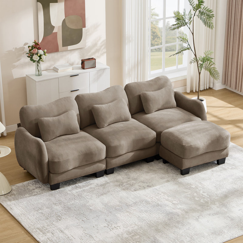 Canapé en L Chenille avec 1 repose-pieds mobile, canapé modulaire surdimensionné à 3 places avec 3 coussins de taille exquise, conception ergonomique, canapé modulaire facile à assembler pour le bureau du salon, café
