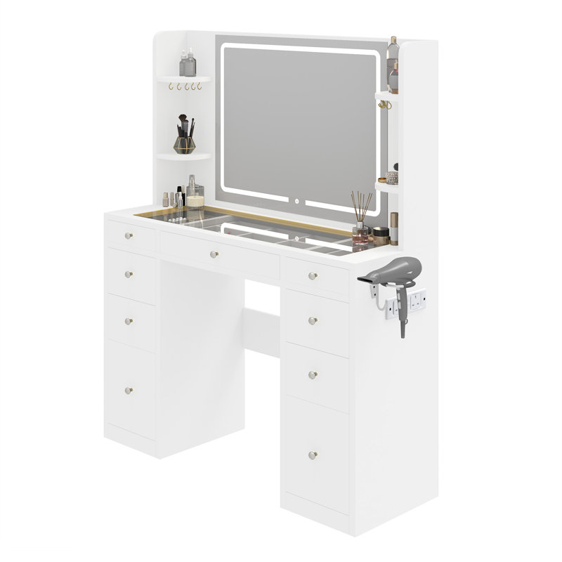 Dressing Table with Mirror, 9-Drawer Makeup Vanity with Glass Top