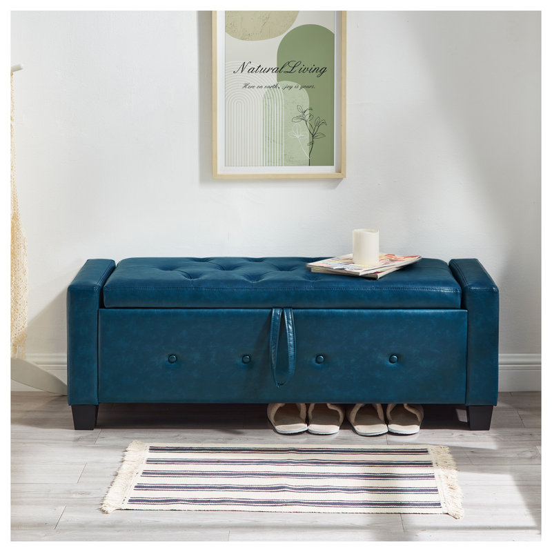 Banc de rangement avec repose-pieds 48 po avec couvercle rabattable, repose-pieds rembourré en similicuir pour entrée, chambre à coucher ou salon, bleu