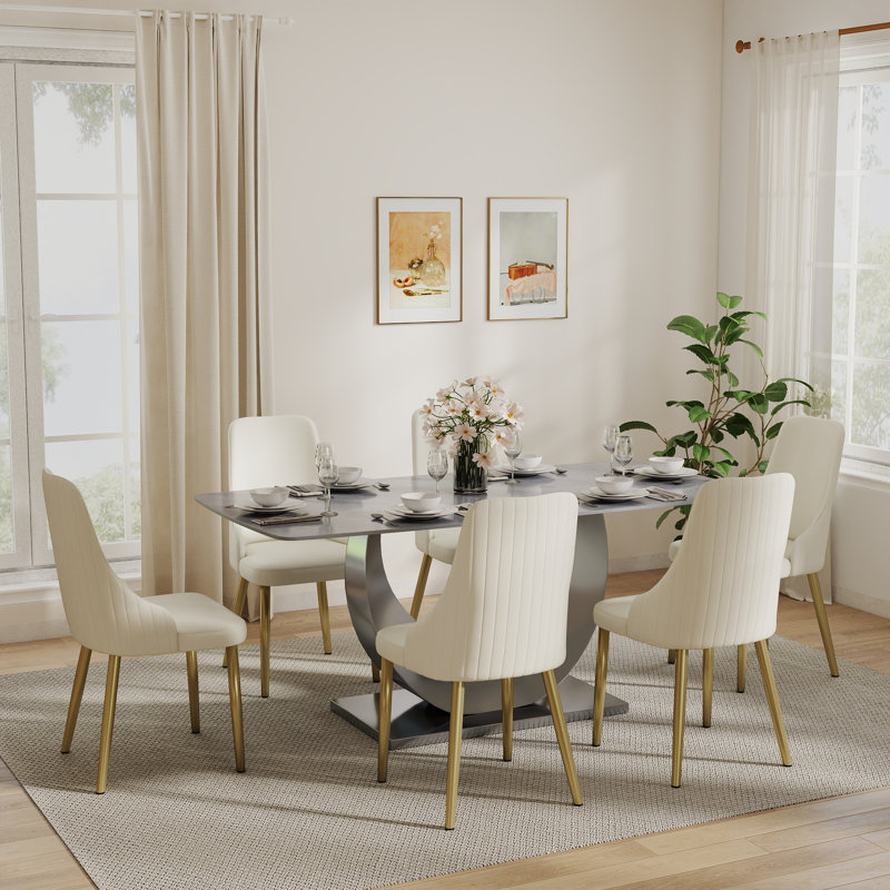 Aretzi  6 - Person Sintered Stone Tabletop Dining Table Set With Upholstered Pu Leather Chairs, Gray