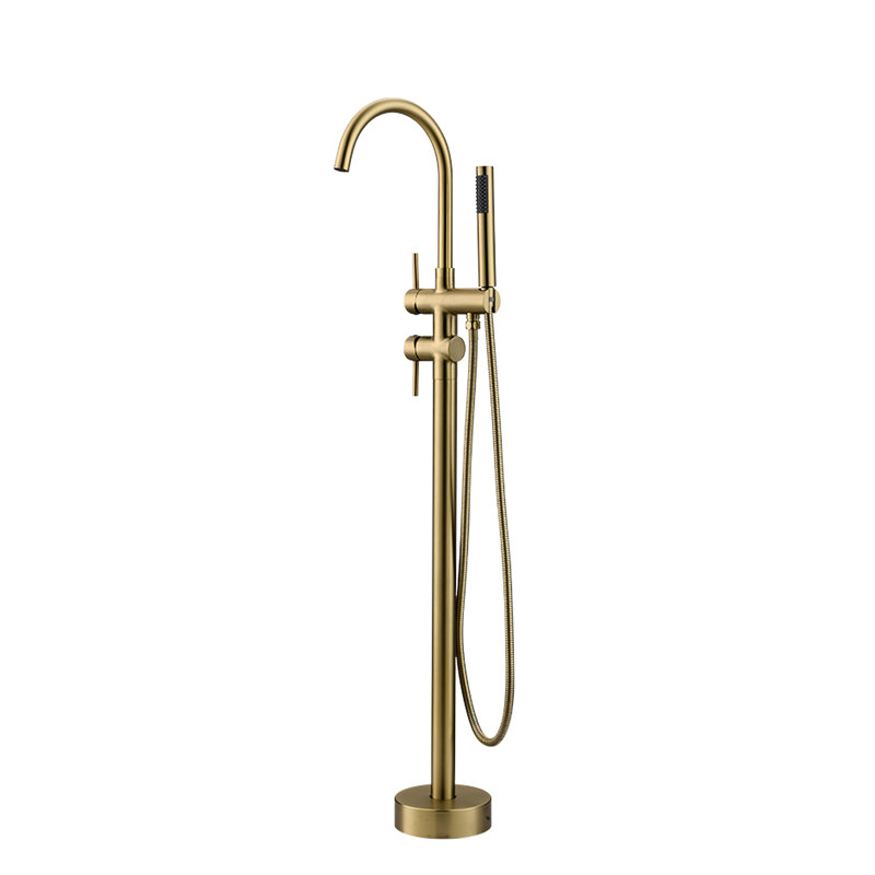 Single Handle Freestanding Tub Filler With Mobile Shower - Brushed Gold, Cartridge Valve, Ceramic Gold Faucet Portable Curved Shape, Filler, Valve