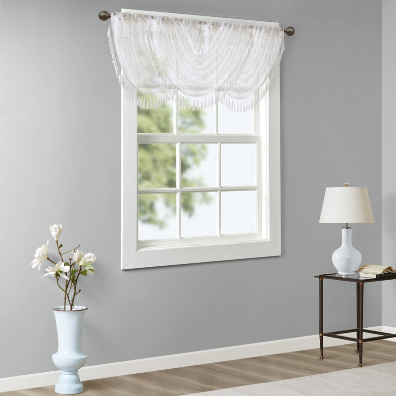 White Sheer Embroidered Waterfall Valance with Tassels