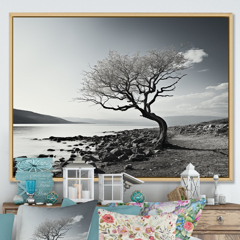 Magnifique arbre en noir et blanc, photographie de lac - art mural lac, H 30 po x l 40 po x P 1,5 po, Cadre naturel flottant