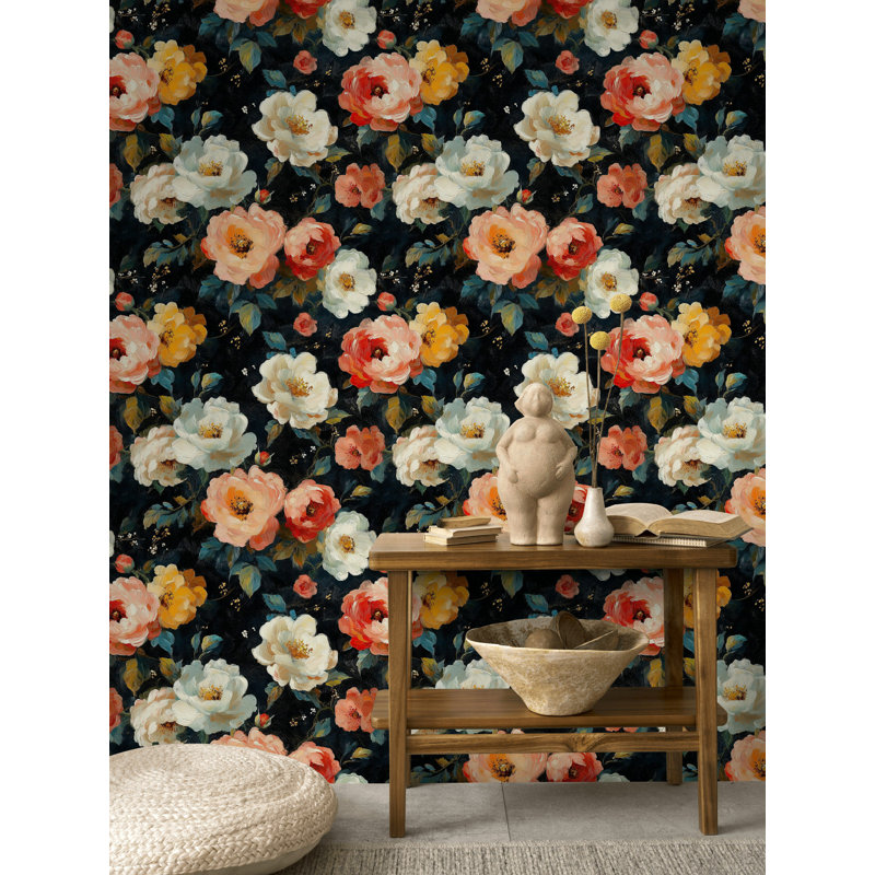 Papier peint peint à la pivoine foncée à motif floral peler et coller foncé, art mural audacieux et luxueux