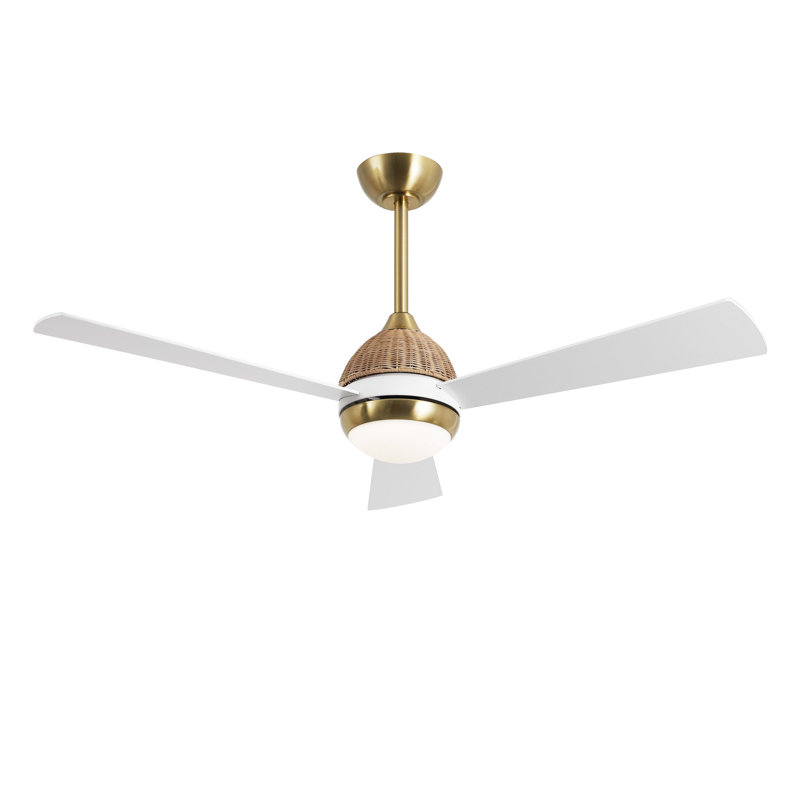 Ventilateur de plafond 52 po à 3 pales en rotin tissé avec lumière DEL et télécommande, Or
