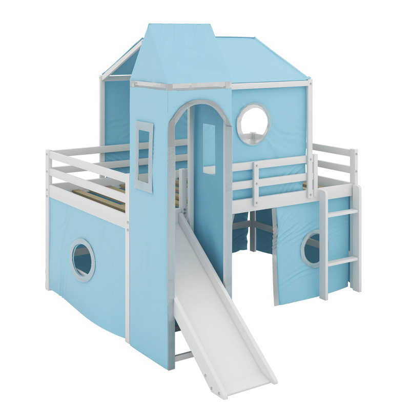 Lit mezzanine double avec tour, Bleu