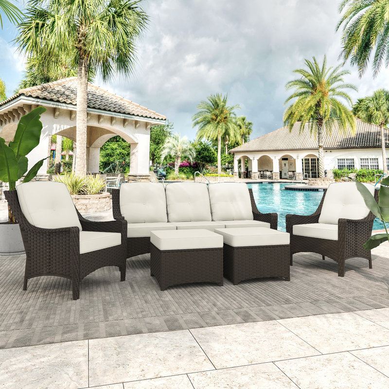 Ensemble de mobilier de patio 5 pièces, ensemble de conversation extérieur en osier brun avec coussins lavables et repose-pieds confortables