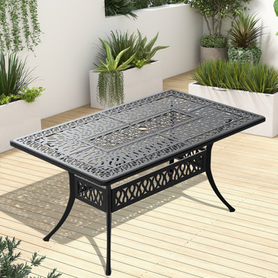 Table de salle à manger de patio - Aluminium, noir, trou de parasol, capacité 6, résistance à la corrosion, structure en fonte à faible encombrement 6