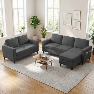 3-Piece Linen L-Shaped Set，3-Seater Sofa, Loveseat with Ottoman & Side Pockets, Dark Grey