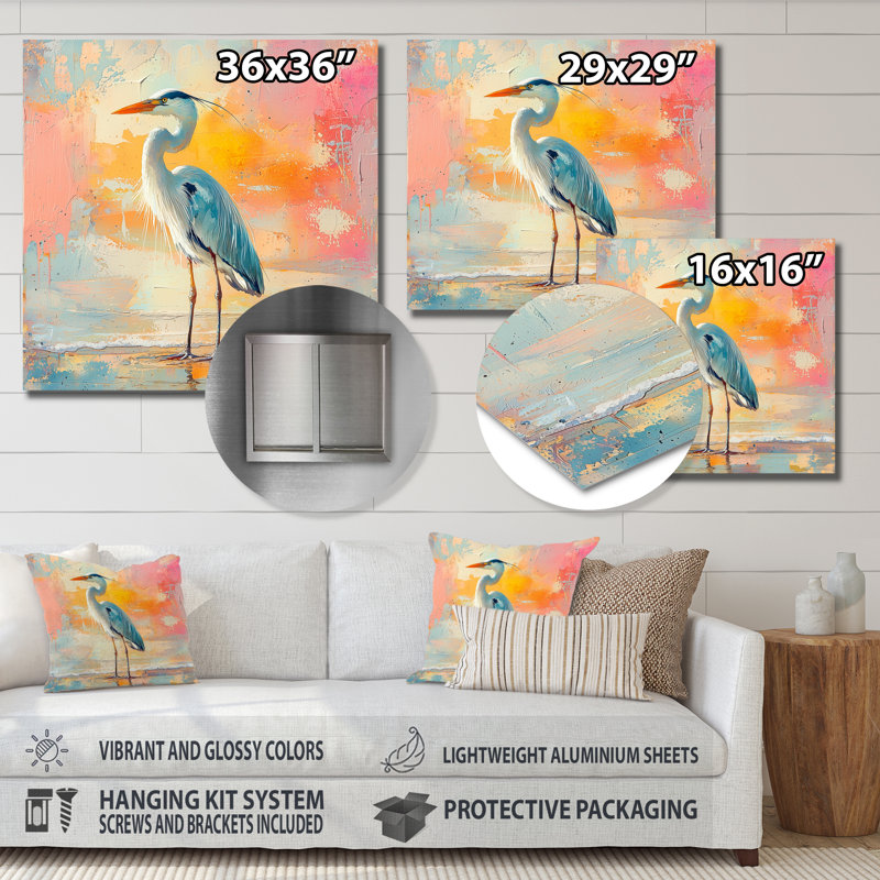 Heron On The Shore - Heron Metal Wall Art, Modern Metal Art Print, 16" H x 16" W