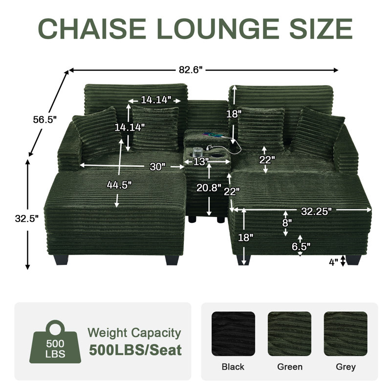 Canapé rembourré en velours côtelé double avec console, ports USB et 2 porte-gobelets, Vert
