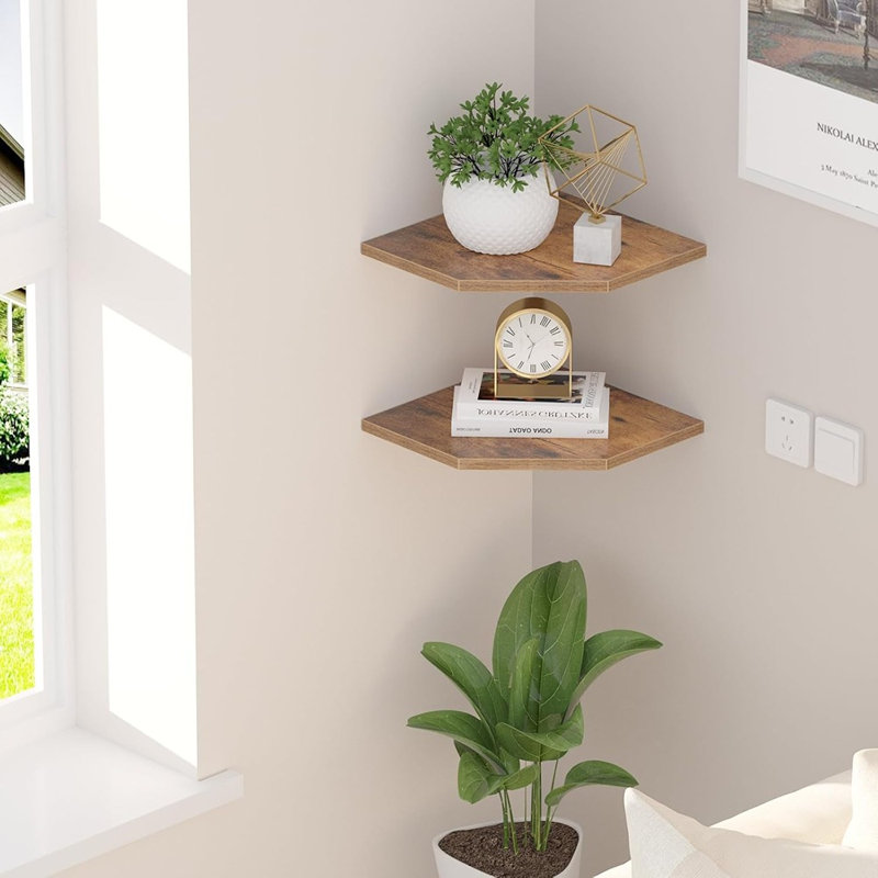 Ensemble de 2 étagères de coin flottantes brun rouille – Tablettes murales modernes en bois pour le rangement et la présentation