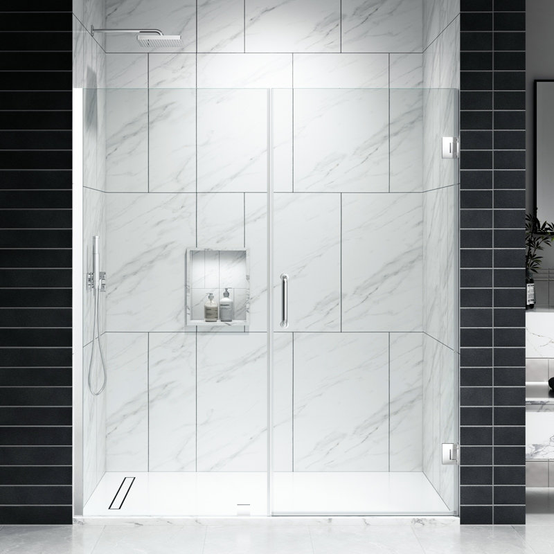 EV Series 55in. - 66in. W x 72in. Frameless Hinged Glass Shower Door | 1 Inches Width Adjustment for Each Size | 3/8 in. Thickness Tempered Clear Glass | Adjustment Uneven Walls