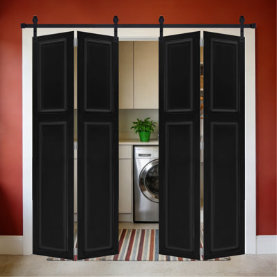 Porte de grange coulissante double en panneau de fibres à densité moyenne noyer noir 96 po x 80 po avec quincaillerie Doubel