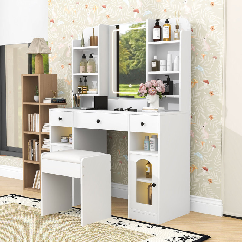 Vanity Table with LED Lighted Mirror, RGB Glass Cabinets, Drawers, Shelves, Power Outlets and Stool, White