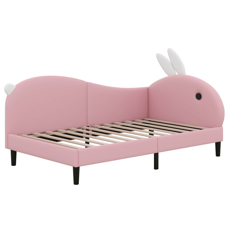 Lit de jour rembourré en forme de lapin, structure de canapé-lit avec tête d'oreille de lapin et support à lattes de bois