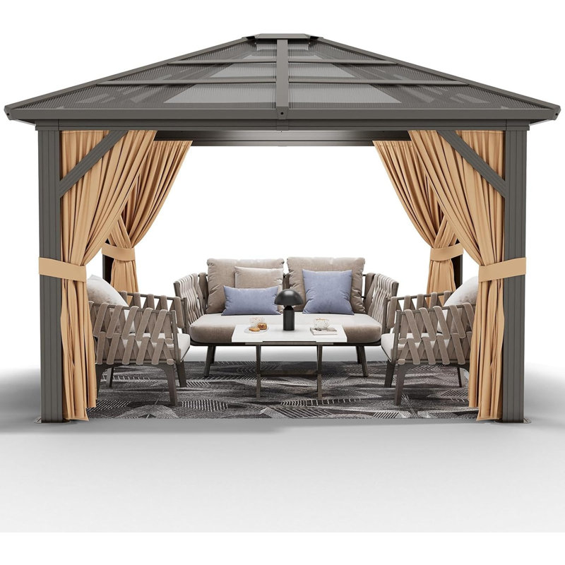 10' x 10'/10' x 12' Hardtop Gazebo, Aluminum Frame Gazebos, Permanent Outdoor Metal Pavilion with Curtain and Netting for Patio, Lawn, Deck