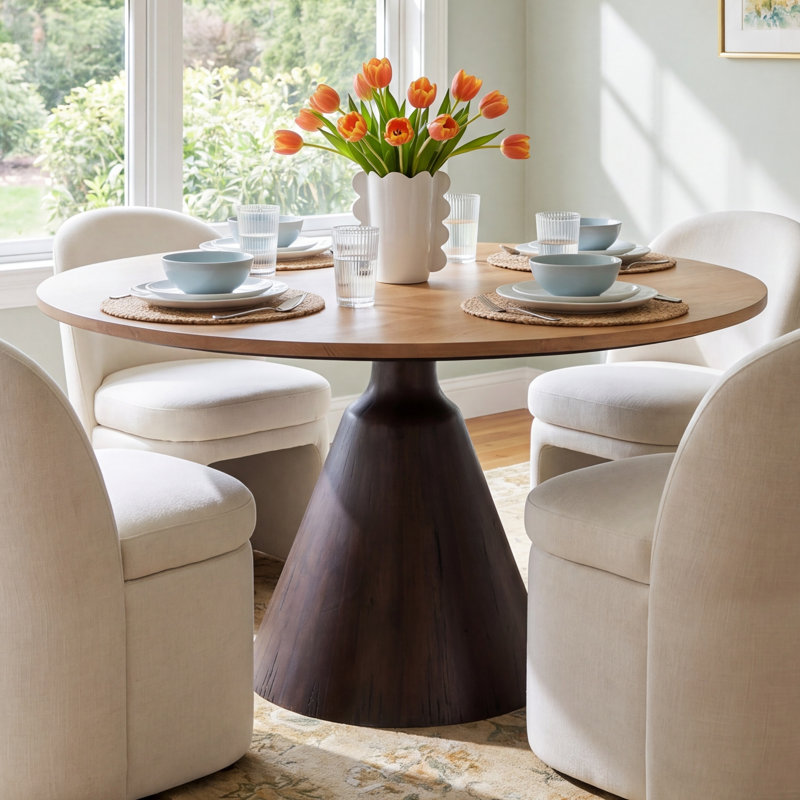 Sireli Round Solid Wood Base Dining Table, Light Brushed Parawood/Dark Brown