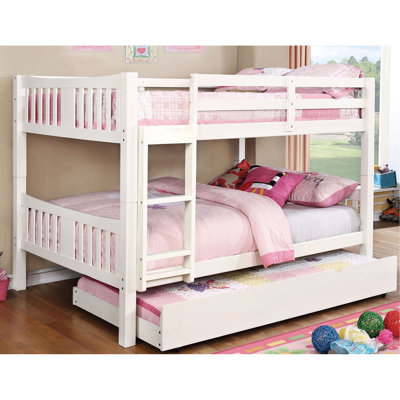 Transitional White Full Over Bunk Bed With Attached , 13 Pc. Slats On Top And Bottom, Rails Secure Insert Joint, Trundle Mattress Not In Listing Style Finish, Solid Wood Construction, For Special