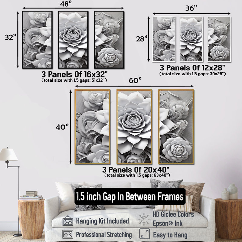 Minimalisme noir et blanc «Succulent II» - ensemble d'art mural sur toile, Cadre flottant noir, H 40 po x l 60 po x P 1 po