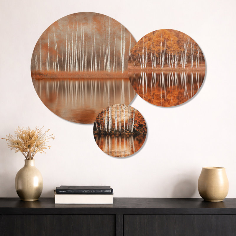 «Birch Tree Lake in Autumn - Birch Trees», ensemble de 3 impressions murales en métal