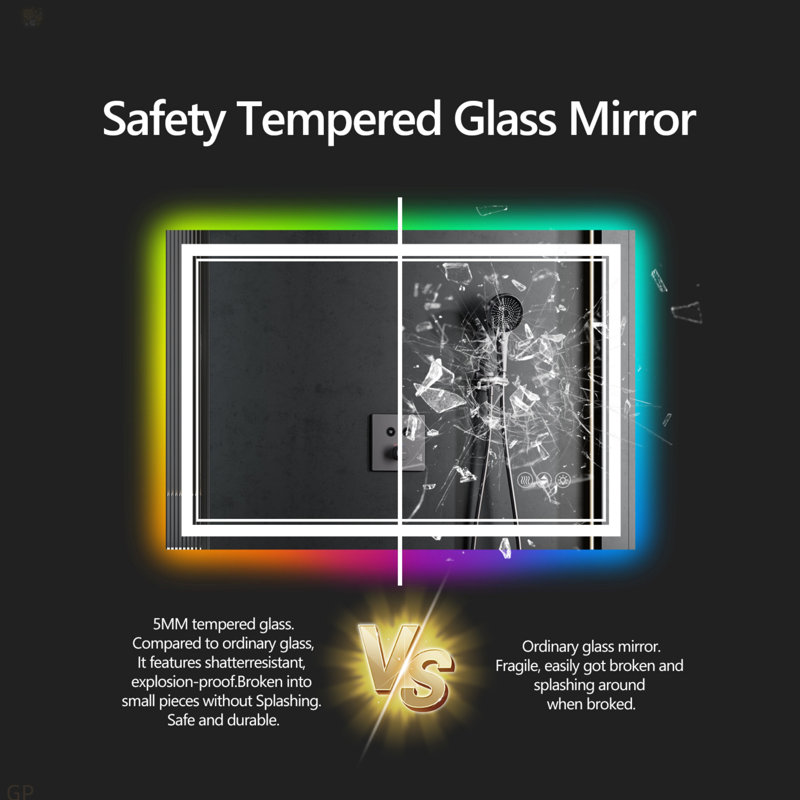 Miroir de salle de bain 55 po x 36 po à DEL sans cadre, miroir intelligent, rétroéclairage RVB, 36,03 po x 55,03 po