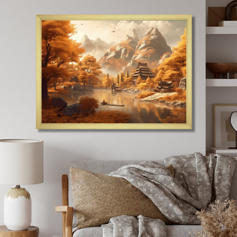 Zen Asian Mountains And Lake, reproduction d'art sur toile, H 30 po x l 40 po x P 1,5 po, Encadrement doré