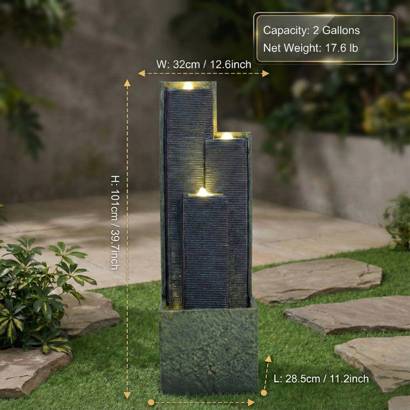 Modern Cascading Freestanding Outdoor Water Fountain With LED Lights For Garden And Patio Decor