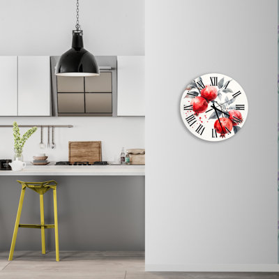 Red Pomegranate Tempered Glass Wall Clock, Watercolor Style, Kitchen Wall Art, Modern Home Decor, Living Room Clock, Unique Gift Idea