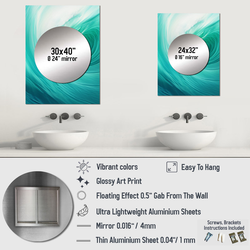 Roohi Turquoise Wondrous Wave Spiral - Abstract Spirals Unique Wall Mirror, Turquoise Mirror, Printed Metal Art, 40" x 30"