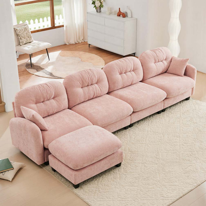 Canapé modulaire en chenille 4 places avec 2 coussins et repose-pieds, Rose