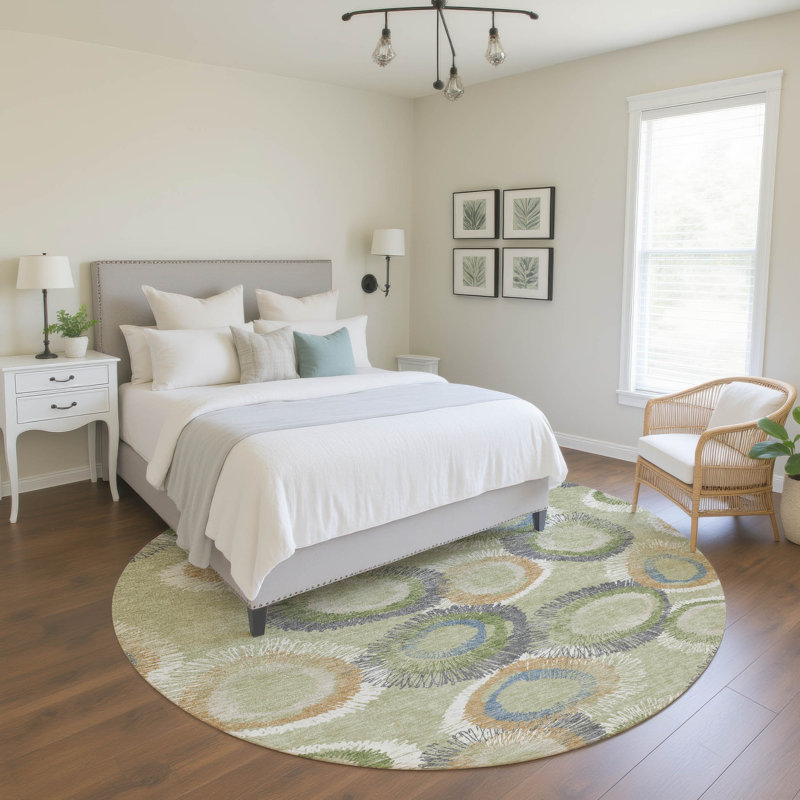 Premium Machine Washable Mayfield AMF2278 Geometric Rug, Aloe, 8' Round