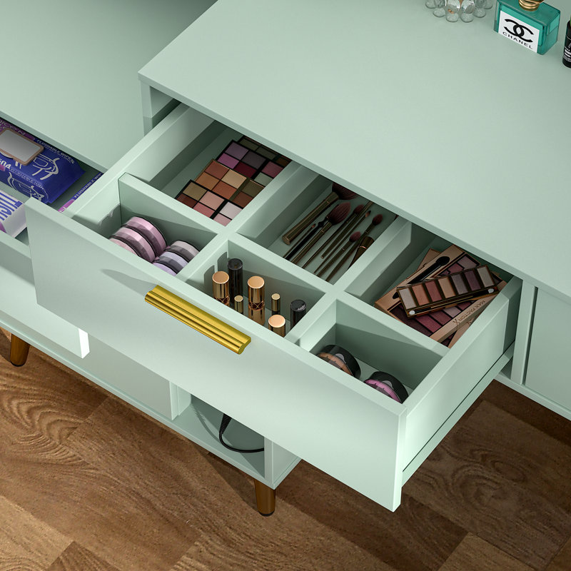 Osage 48" × 61"  Makeup Vanity Desk with LED Light & Charging Station, Green