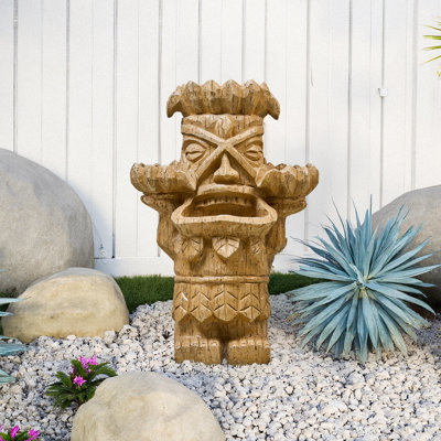 Fontaine polynésienne Island Spirit avec lumières DEL - Statuette en résine fabriquée à la main pour jardin ou cour extérieure
