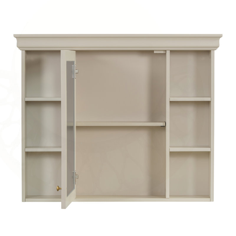 Armoire de rangement murale de 35 po x 28 po avec porte miroir et conception moderne avec 6 tablettes ouvertes pour une organisation et un attrait esthétiques améliorés