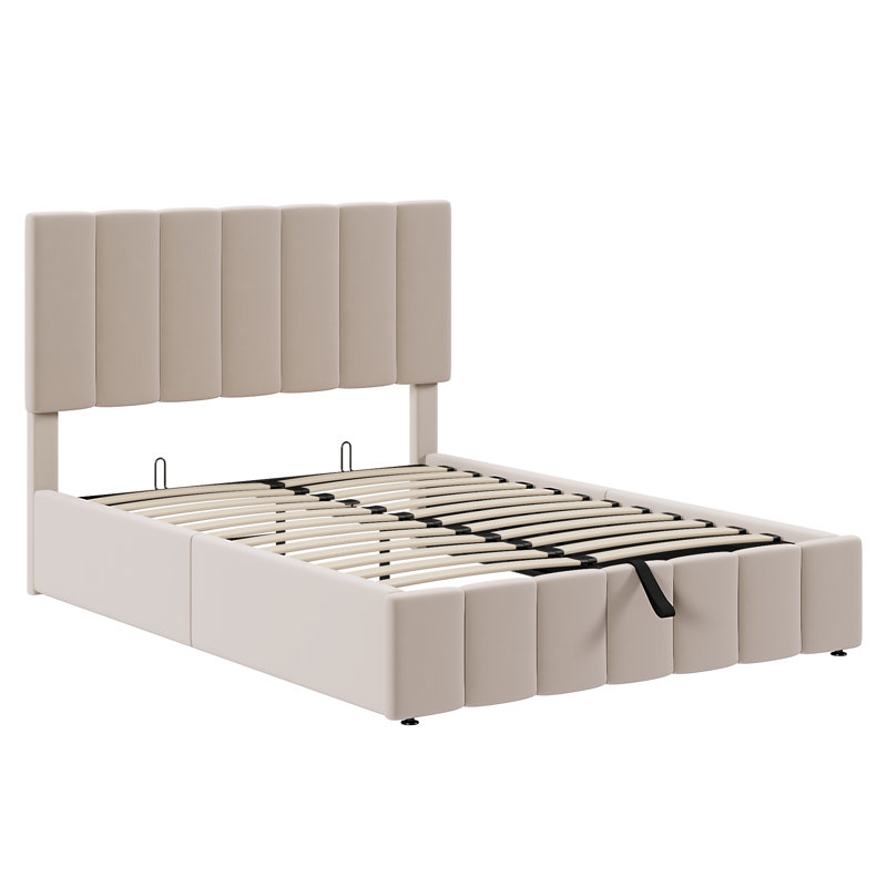 Lit plateforme tapissier avec système de rangement hydraulique, Beige, Double